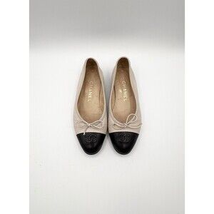 Chanel Nude & Black Cap Toe CC Logo Ballet Flats Bow Accent Vintage Size EU 35